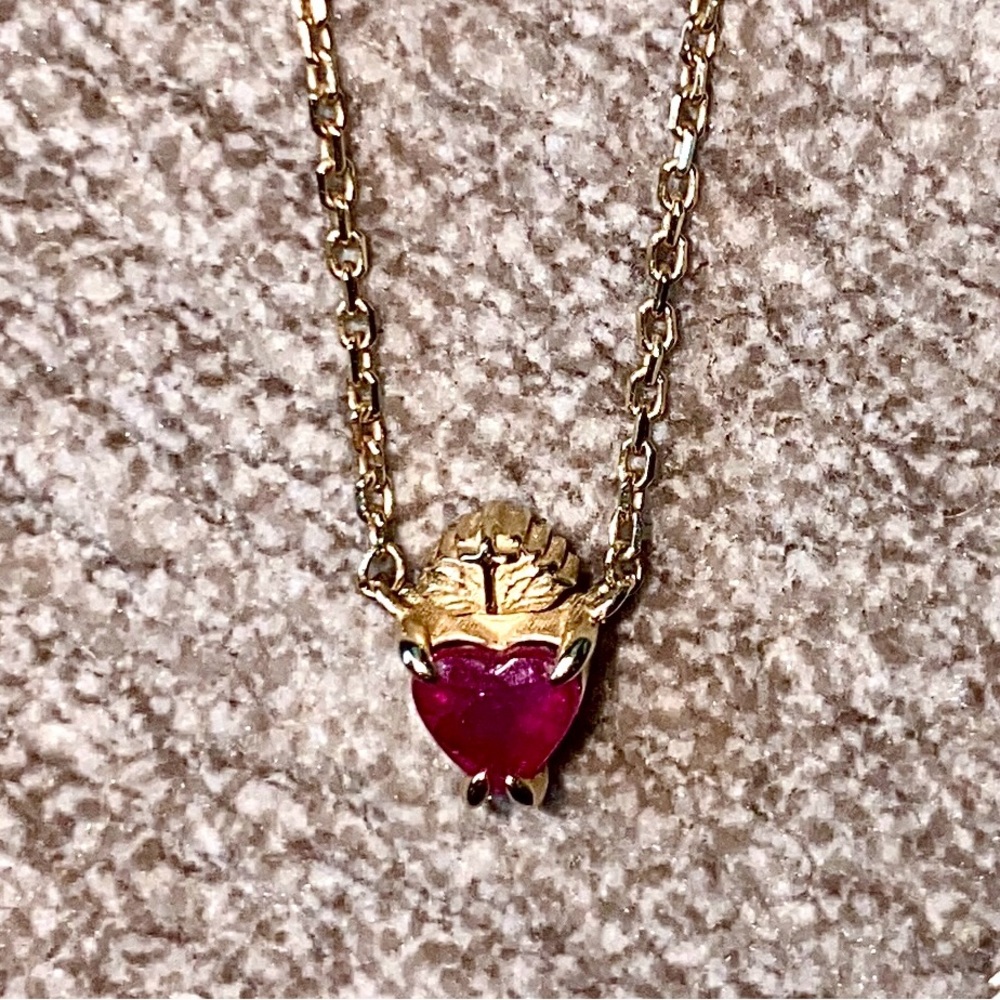 14k yellow gold Sacred Heart genuine natural Ruby necklace with cross 14.5”